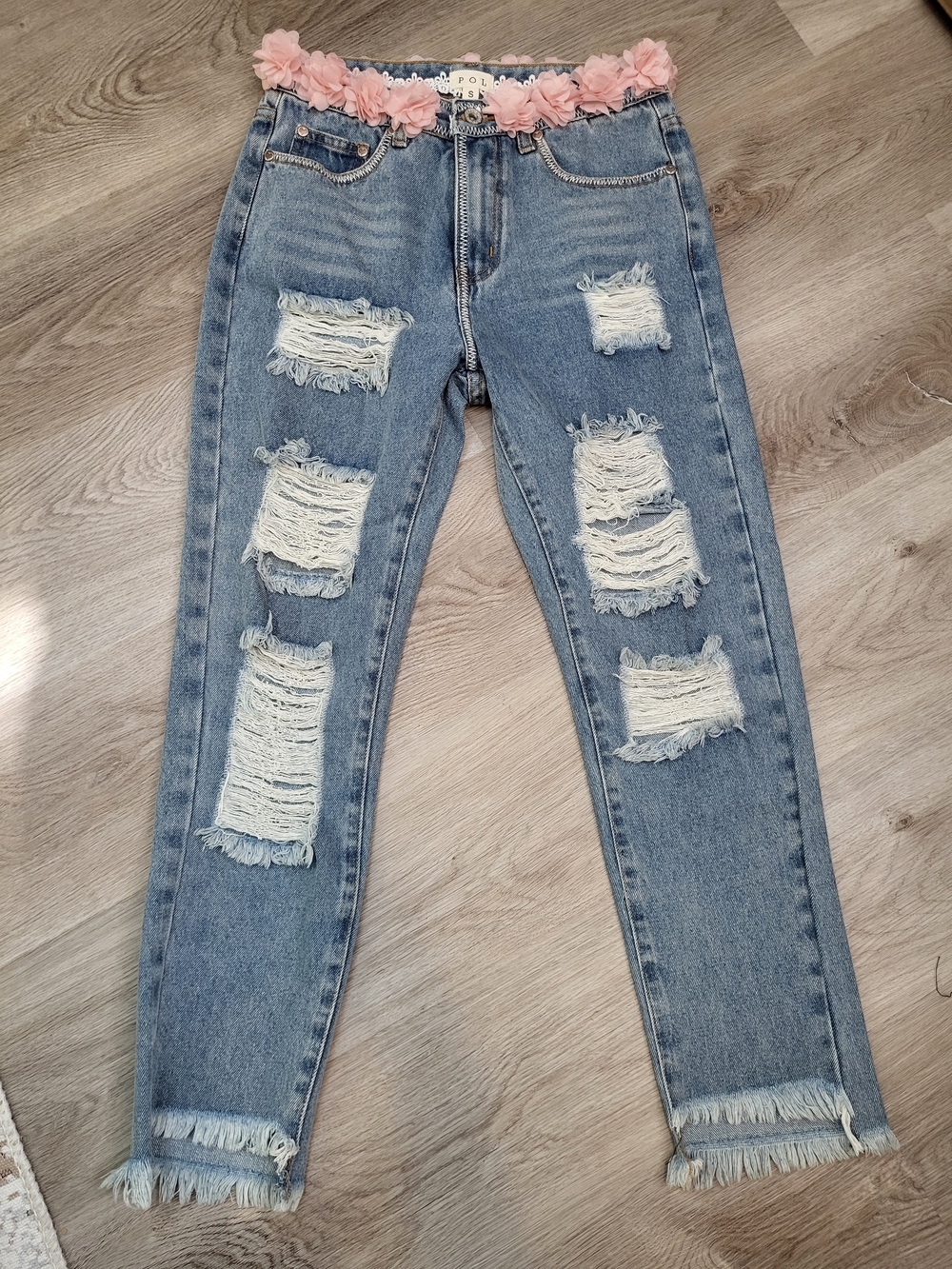 Floral Waist Ripped Light Wash Jeans